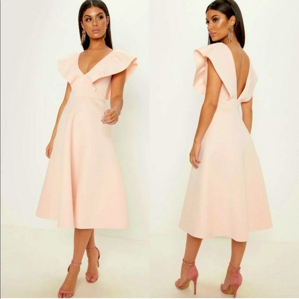 NWT PrettyLittleThing Pink Scuba Ruffle Fit and Flare dress